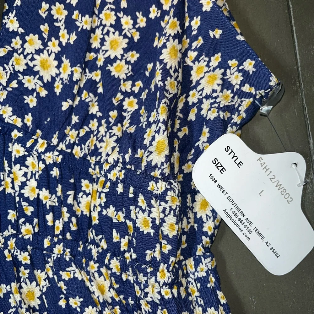 Angie Blue White Floral Sundress Short Open Tie Back Ladies Large NWT